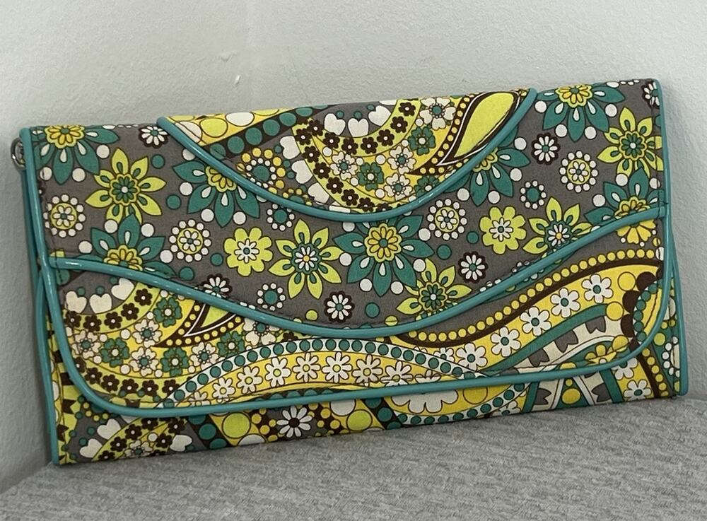Vera Bradley Travel Wallet Clutch Organizer Teal Yellow Floral Paisley Case